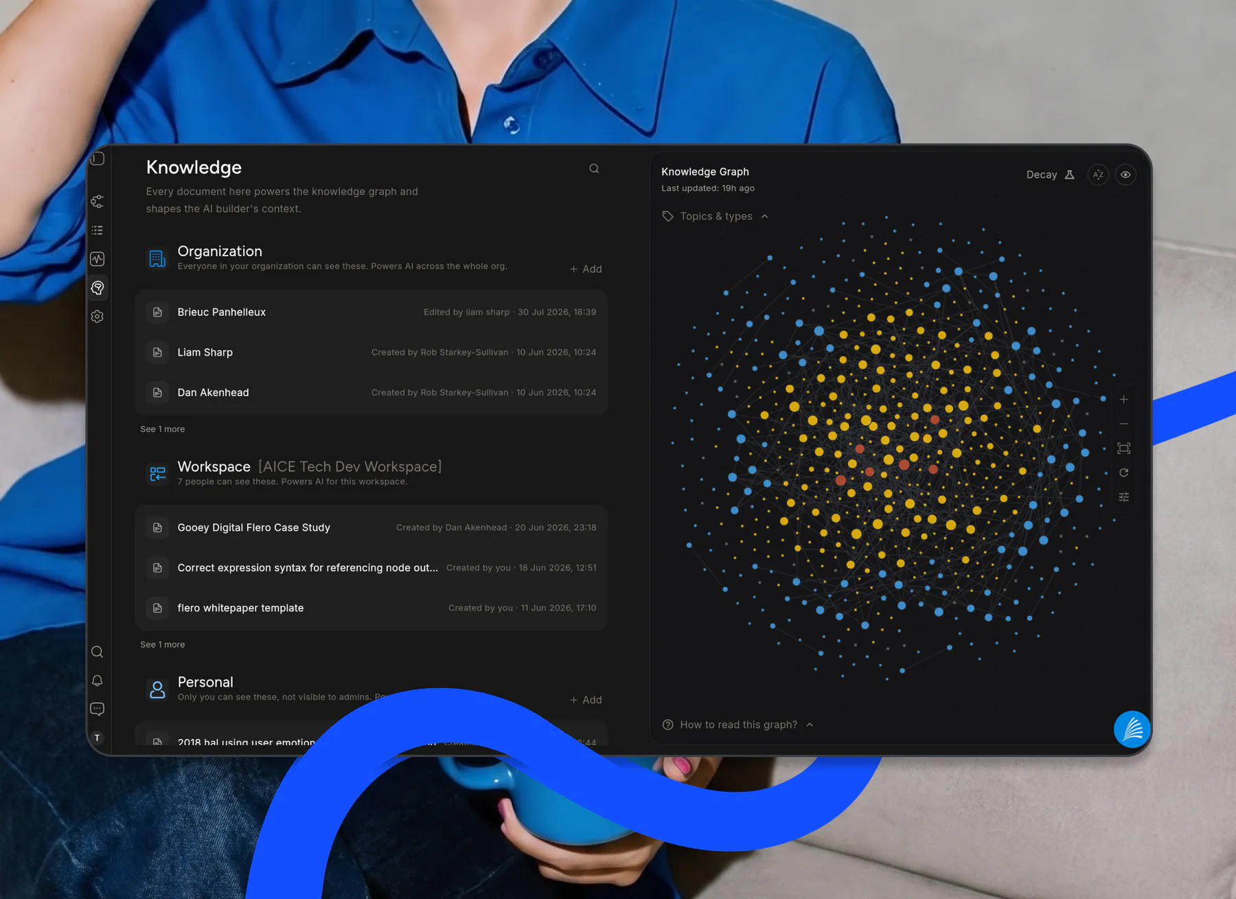 Flero's Knowledge screen with a knowledge graph built from your documents and data